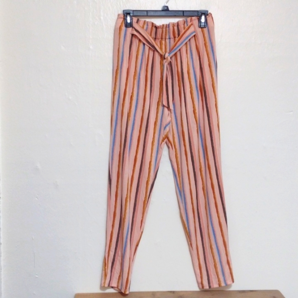 BCBGeneration Multi Color Striped Paper Bag Tie Waist Striped Pants Size S NEW